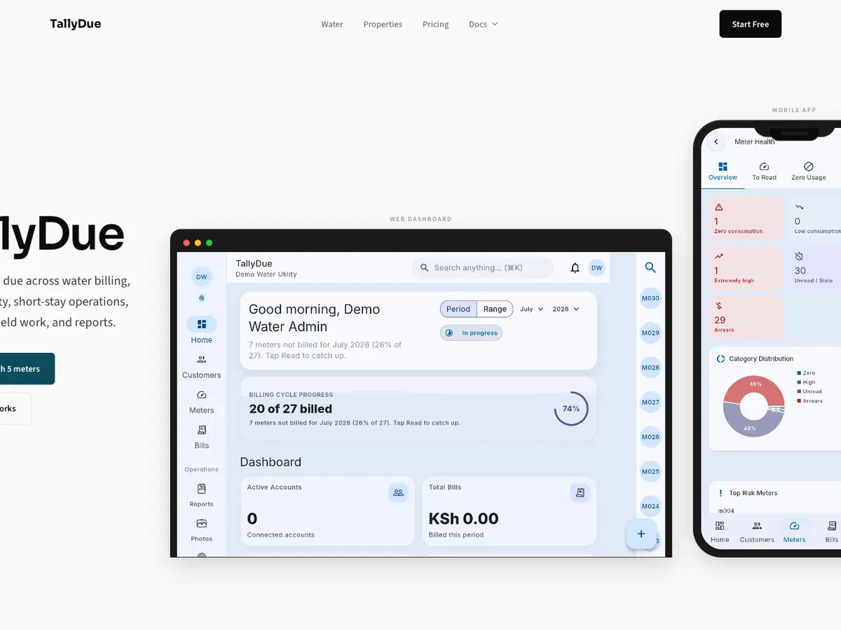 TallyDue billing dashboard showing billing cycle progress and meter health